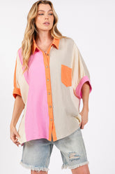 SAGE + FIG Full Size Modern Color Block Cotton Button-Down Shirt